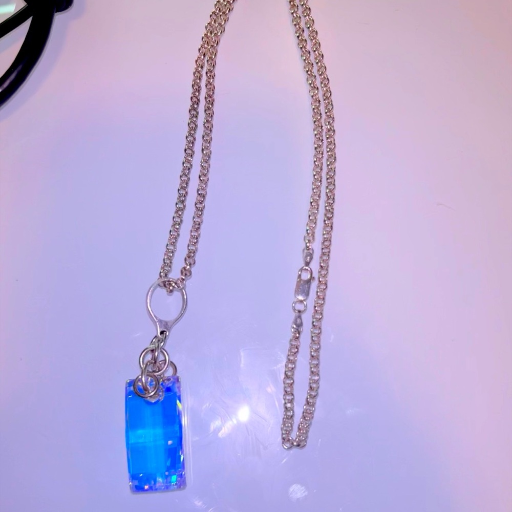 Fine Jewelry Iridescent Swarovski Crystal Pendant on Sterling Silver Chain 925